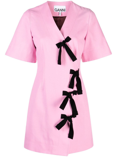 Ganni ガニー Poplin bow dress ショート ワンピース ピンク Ganni Bow-detailed Organic Cotton Mini Dress In Pink | ModeSens
