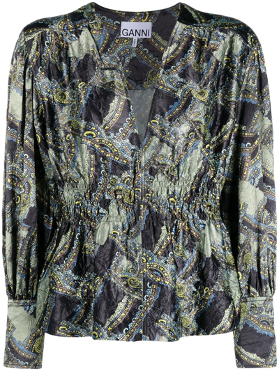 Ganni V-neck Long-sleeve Blouse In Paisley Weave Black