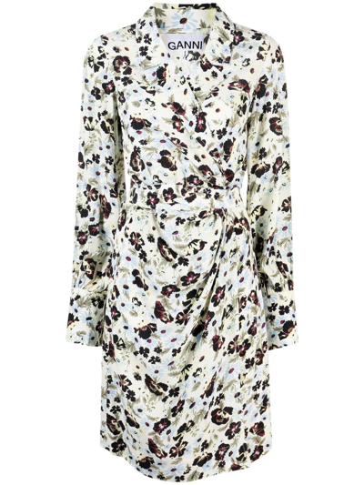 Ganni Long-sleeve Floral-print Dress In White