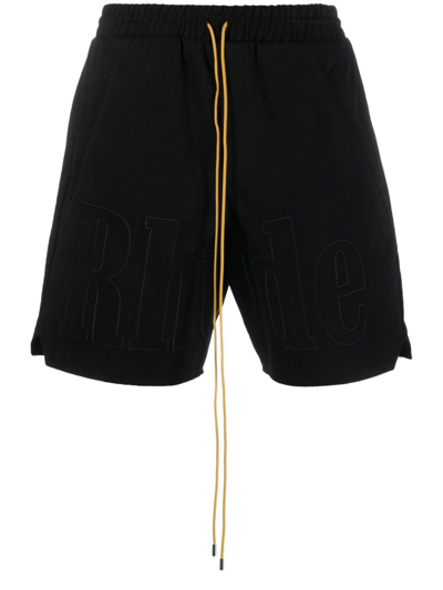 Rhude Logo-embroidered Cotton-twill Drawstring Shorts In Black