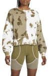 Nike Sportswear Tie Dye Oversize Crop Sweatshirt In Matte Olive/ White/ Black