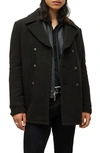 JOHN VARVATOS CARLOS WOOL BLEND PEACOAT WITH REMOVABLE FAUX LEATHER BIB INSERT