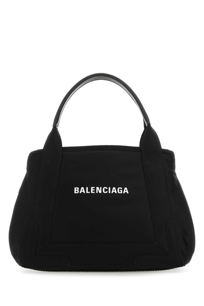 Balenciaga Navy Cabas Leather-trimmed Printed Organic Cotton-canvas Tote In Black