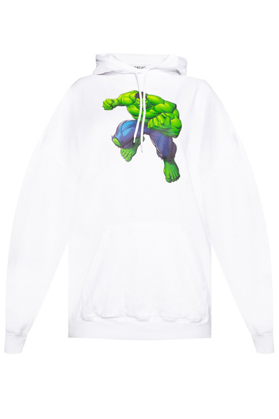 Balenciaga X Marvel Graphic Print Drawstring Hoodie In White