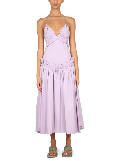 Khaite Andrina Open-back Gathered Washed Cotton-twill Maxi Dress In Lilac