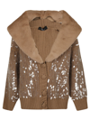 Blumarine Sequin-embellished Faux-fur Trim Cardigan In Camel