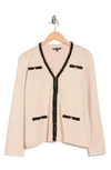 Adrianna Papell Boucle Trim V-neck Cardigan In Champagne Blush/ Black