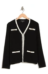 Adrianna Papell Boucle Trim V-neck Cardigan In Black/ Ivory