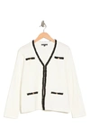 Adrianna Papell Boucle Trim V-neck Cardigan In Ivory/ Black