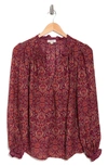 Maxstudio Max Studio Printed Crepe Long Sleeve Top In Wine Leafy Paisley