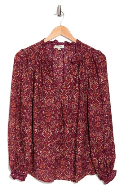 Maxstudio Max Studio Printed Crepe Long Sleeve Top In Wine Leafy Paisley