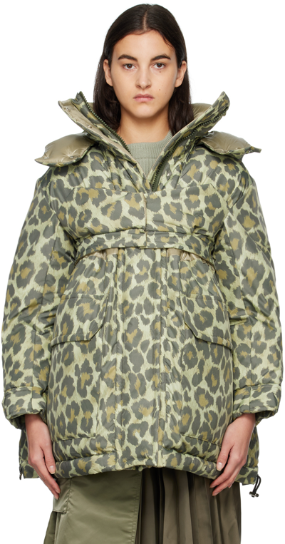 Sacai Leopard Print Padded Jacket In Khaki