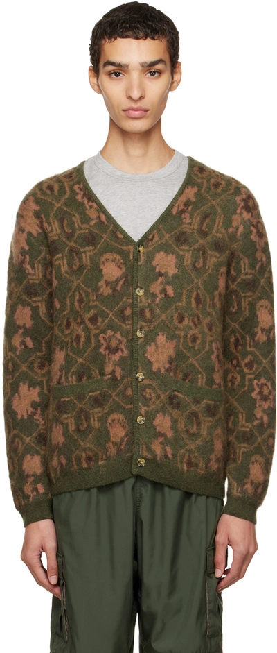 Beams Floral-print Jacquard-knit Cardigan In Olive