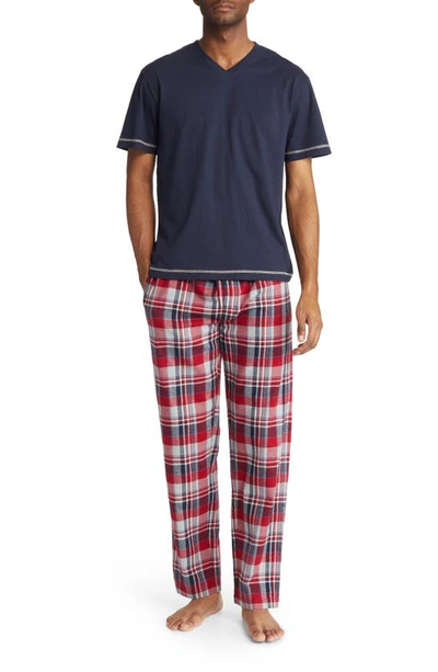 Majestic Post Season T-shirt & Flannel Trousers Pyjamas In Crimson/ Navy