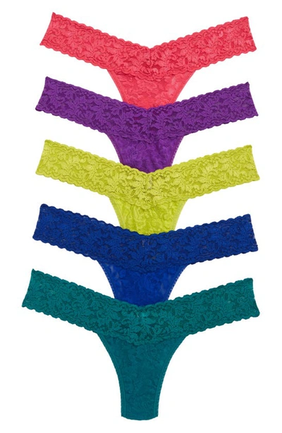 Hanky Panky 5-pack Low Rise Lace Thongs In Vcor/ Liml/ Dkte/ Coba/ Tpur