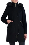 Cole Haan Signature Slick Wool Blend Parka With Removable Faux Fur Trim In Black