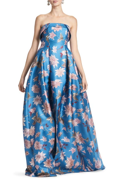 Sachin & Babi Brielle Pleated Strapless Floral-print Gown In Blue