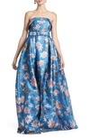 SACHIN & BABI FLORAL PRINT BELTED STRAPLESS SATIN GOWN