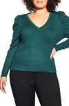 City Chic Rebel Rock Button Cuff Rib Sweater In Alpine