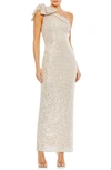 Mac Duggal Bow Sequin One-shoulder Column Gown In Beige