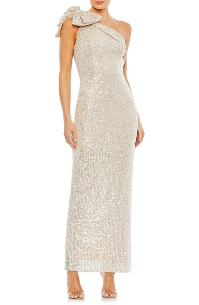 Mac Duggal Bow Sequin One-shoulder Column Gown In Beige