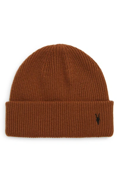 Allsaints Ramskull Embroidered Beanie In Basket Brown