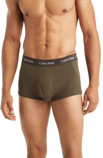 Calvin Klein Cotton Stretch Moisture Wicking Low Rise Trunks, Pack Of 3 In Olive/gentle/red Carpet