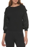 Dkny Mixed Media Blouson Sleeve Rib Sweater In Black/ Black