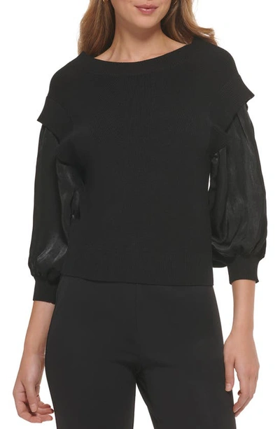 Dkny Mixed Media Blouson Sleeve Rib Jumper In Black/black