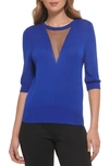 Dkny Sheer Mesh Illusion V-neck Sweater In Deep Cobalt
