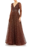 Mac Duggal Floral Embellished Illusion Long Sleeve A-line Gown In Brown
