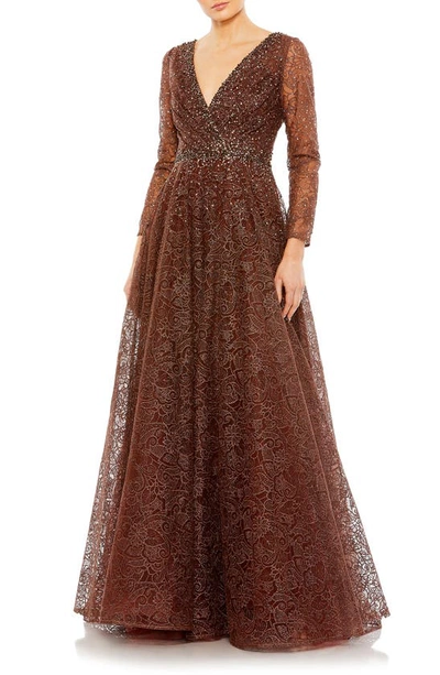Mac Duggal Floral Embellished Illusion Long Sleeve A-line Gown In Brown