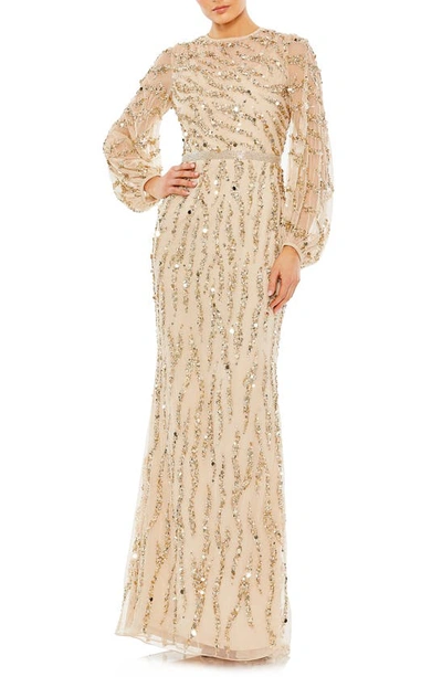 Mac Duggal Embellished High Neck Puff Sleeve Trumpet Gown In Nude Gold