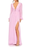 Mac Duggal Plunge Neck Lace-up Long Sleeve Gown In Lilac