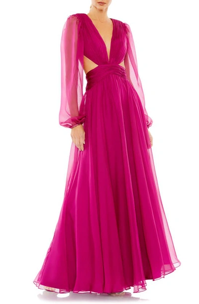 Ieena For Mac Duggal Ruched Cutout Sheer Long Sleeve Gown In Berry
