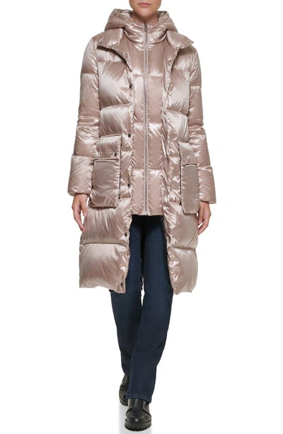 Karl Lagerfeld Water Resistant Down & Feather Fill Coat With Attached Bib Insert In Tan/beige