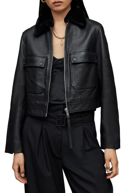 Allsaints Safiya Faux-fur Collar Cropped Leather Jacket In Black