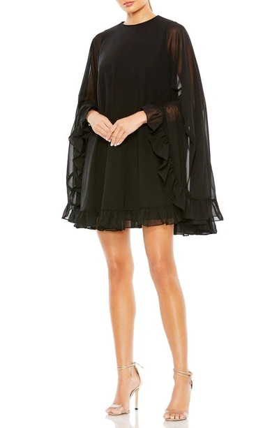 Mac Duggal Ruffle Long Sleeve Chiffon Minidress In Black