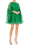 Mac Duggal Ruffle Long Sleeve Chiffon Minidress In Deep Green