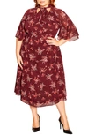 City Chic Alexandra Floral Tie Neck Midi Dress In Port Ditsy Bloom
