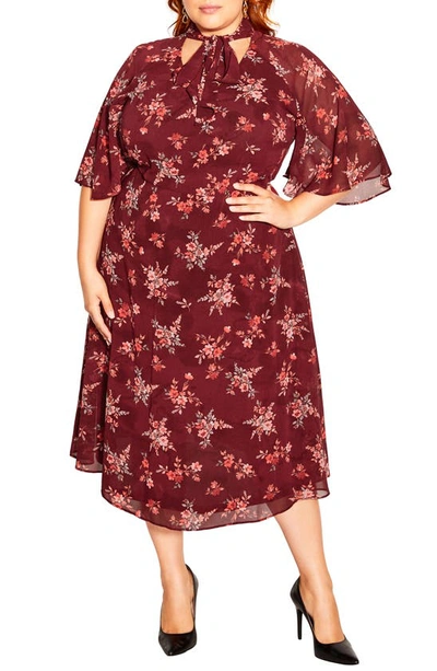City Chic Alexandra Floral Tie Neck Midi Dress In Port Ditsy Bloom