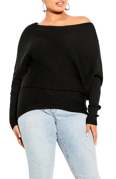 City Chic Stella Off The Shoulder Rib Sweater In Black