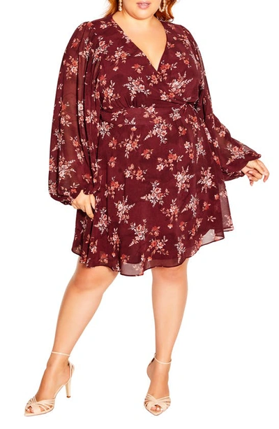 City Chic Tallulah Floral Long Sleeve Faux Wrap Dress In Port Ditsy Bloom
