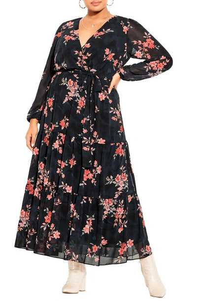 City Chic Alicia Floral Tie Front Long Sleeve Maxi Dress In Black Sweet Bloom
