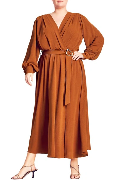 City Chic Ellie Belted Long Sleeve Maxi Wrap Dress In Ginger | ModeSens