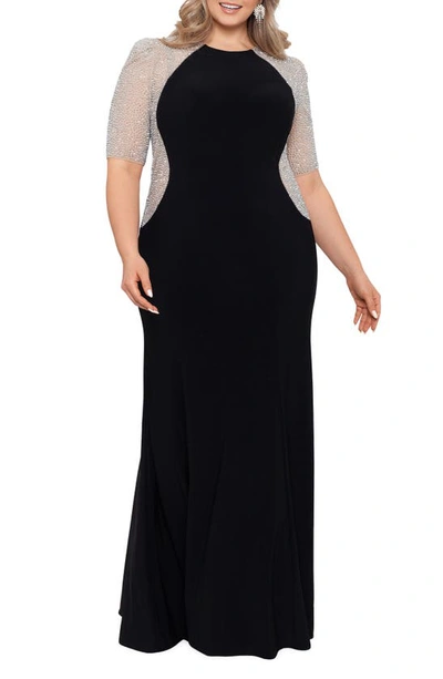 Xscape Embellished Colorblock Gown In Black/ Nude/ Silver