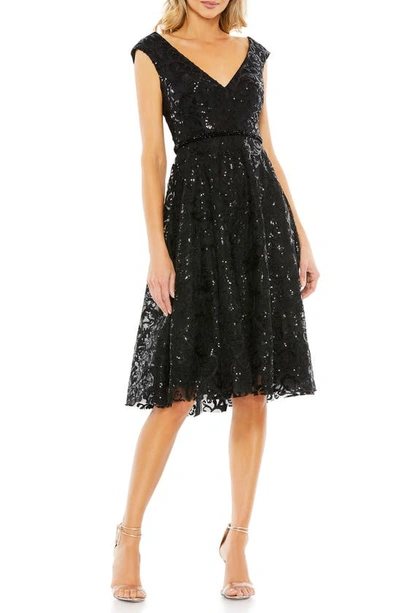 Mac Duggal Sequined V Neck Cap Sleeve Dress In Black