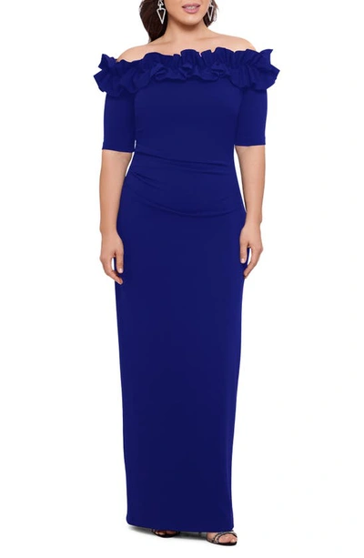 Xscape Ruffle Off The Shoulder Sheath Dress In Marine