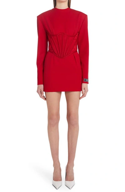 Versace Corset Detail Long Sleeve Virgin Wool Gabardine Minidress In Parade Red