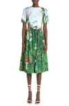 OSCAR DE LA RENTA BOTANICAL FOREST PRINT STRETCH POPLIN MIDI DRESS